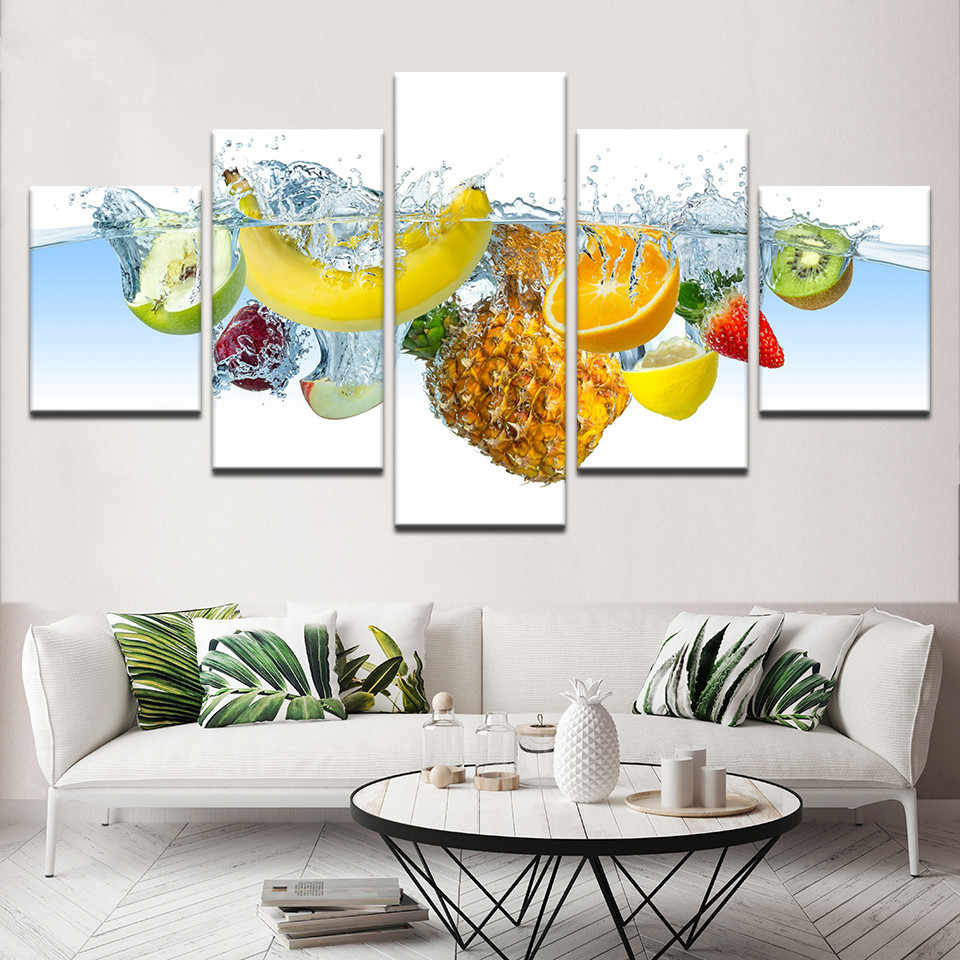 гостиная столовая дизайн, постеры с изображением фруктов и цветов